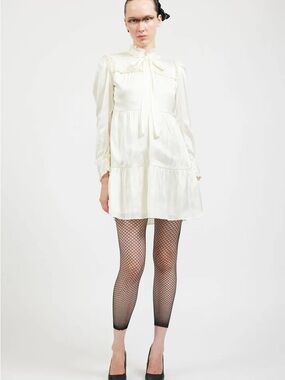 Batsheva Cream Tie-Neck Long-Sleeve Mini Dress